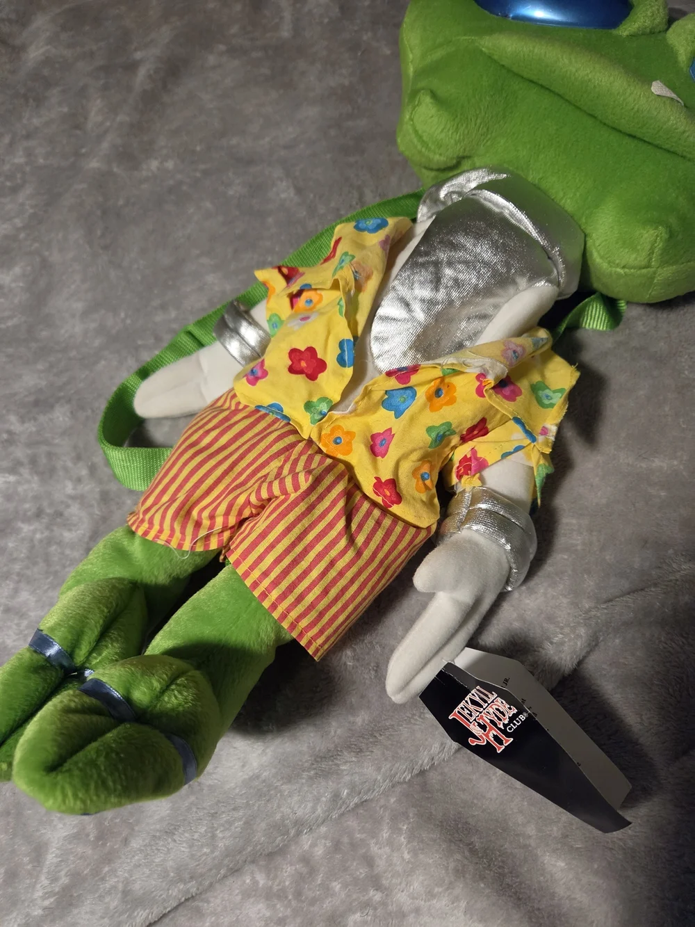 Vintage Bright Green Alien Plush Toy with Blue Eyes - Colorful Outfit